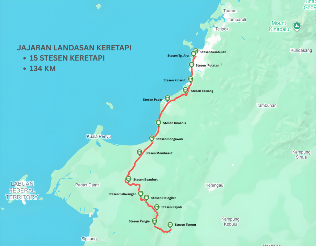 Peta laluan keretapi JKNS dari Stesen Sembulan di Kota Kinabalu hingga Stesen Tenom, menunjukkan kedudukan 15 stesen sepanjang laluan 134 kilometer.